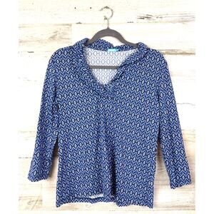 J.McLaughlin Womens L Blue Catalina Nylon Stretch Ruffle V Neck Geometric Blouse